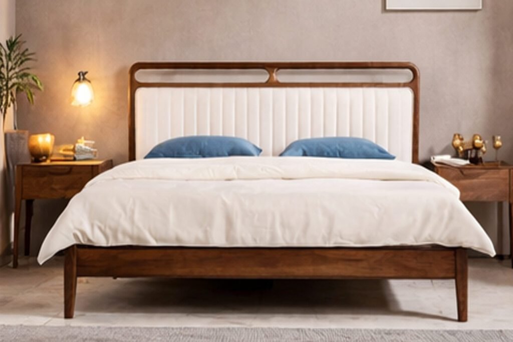 teak wood king size bed in Hyderabad with curved slat headboard and upholstery