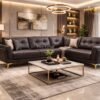 Legacy leatherette corner sofa in Hyderabad with gold legs and modern design