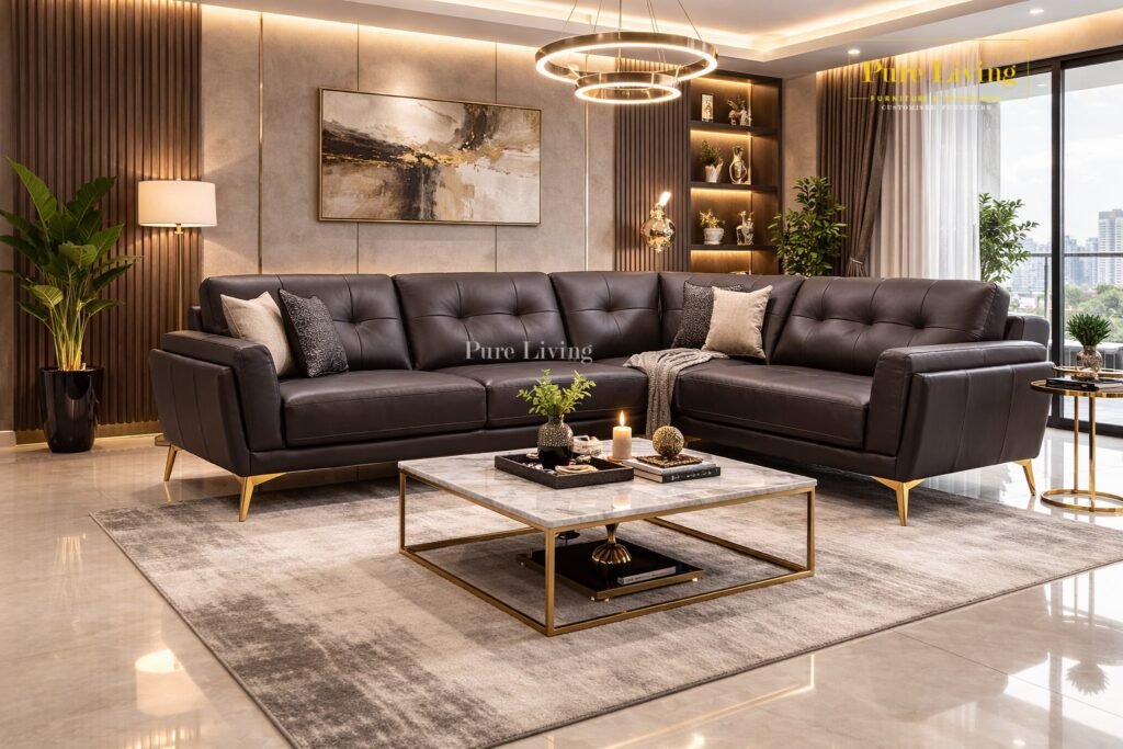 Legacy leatherette corner sofa in Hyderabad with gold legs and modern design