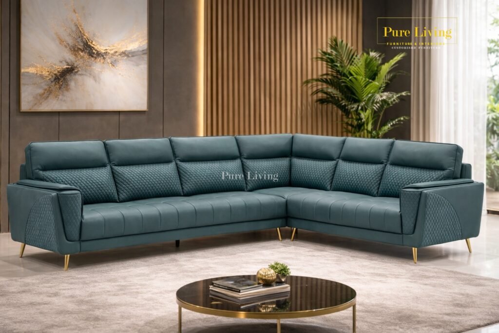 Barista leatherette corner sofa in Hyderabad with cup holders and diamond design