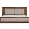 amber teak wood king size bed in Hyderabad with upholstered headboard
