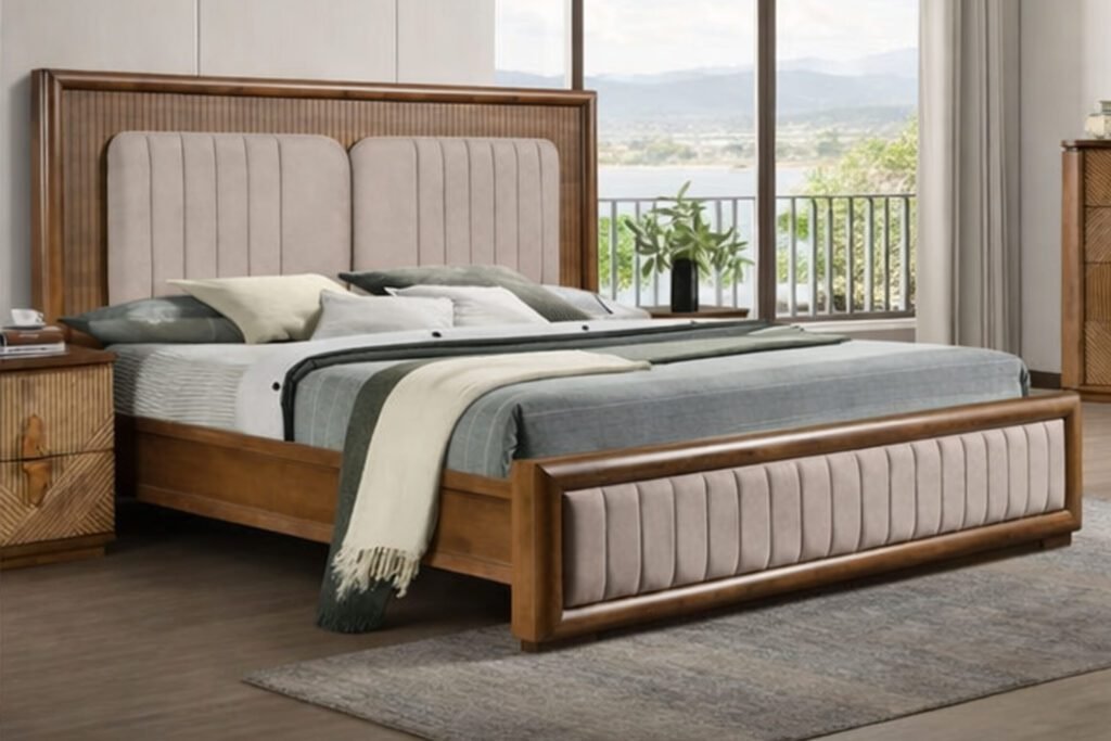 amber teak wood king size bed in Hyderabad with upholstered headboard