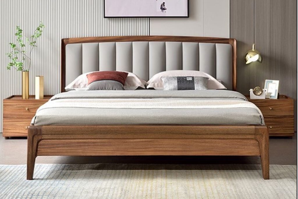 canopy teak wood king size bed in Hyderabad with upholstered headboard