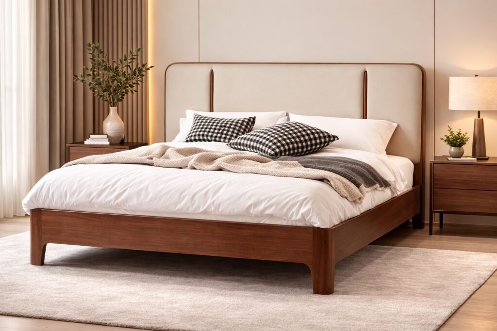 serene teak wood king size bed in Hyderabad upholstered modern wooden cot