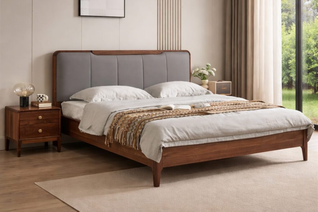horizon teak wood king size bed in Hyderabad grey upholstered wooden cot